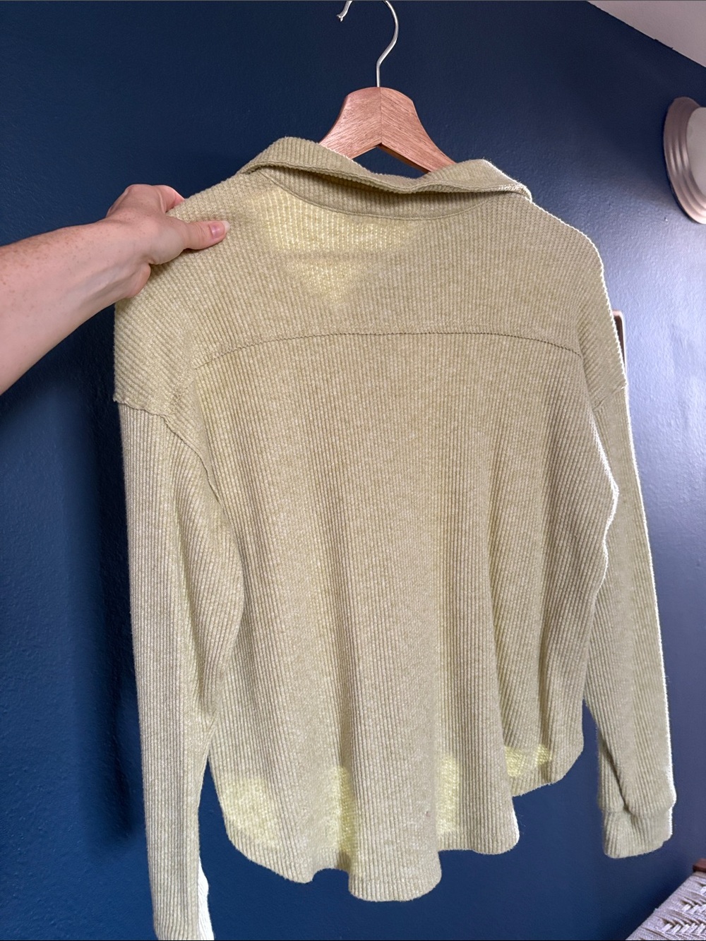 Light Olive Button-Up Ribbed Collared Sweater - Picture 2 of 6